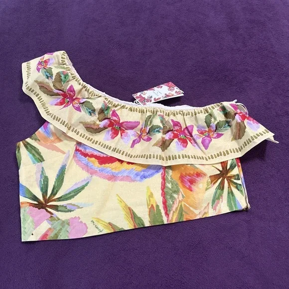 Sezane X Farm Rio Size US 10 Parioca Blouse One Shoulder Floral Crop Tropical - Picture 4 of 13